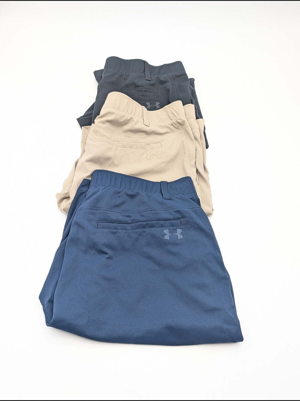 Under Armour Active Pants Trio - Navy, Khaki, Black, 3 for $70